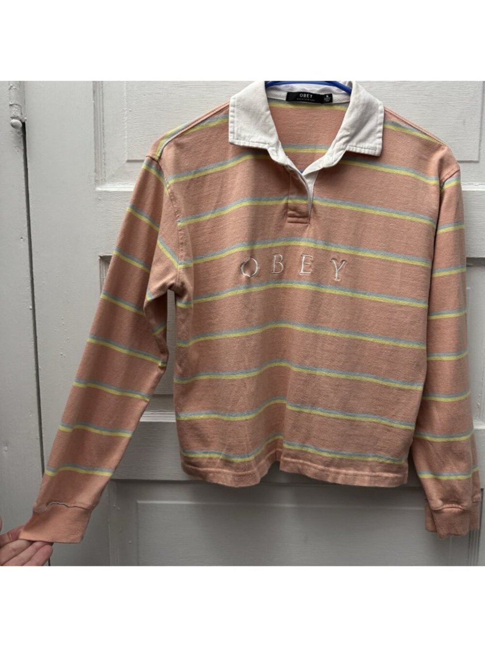 Obey Worldwide Striped Rugby Shirt Long Sleeve Polo Top Small Women’s